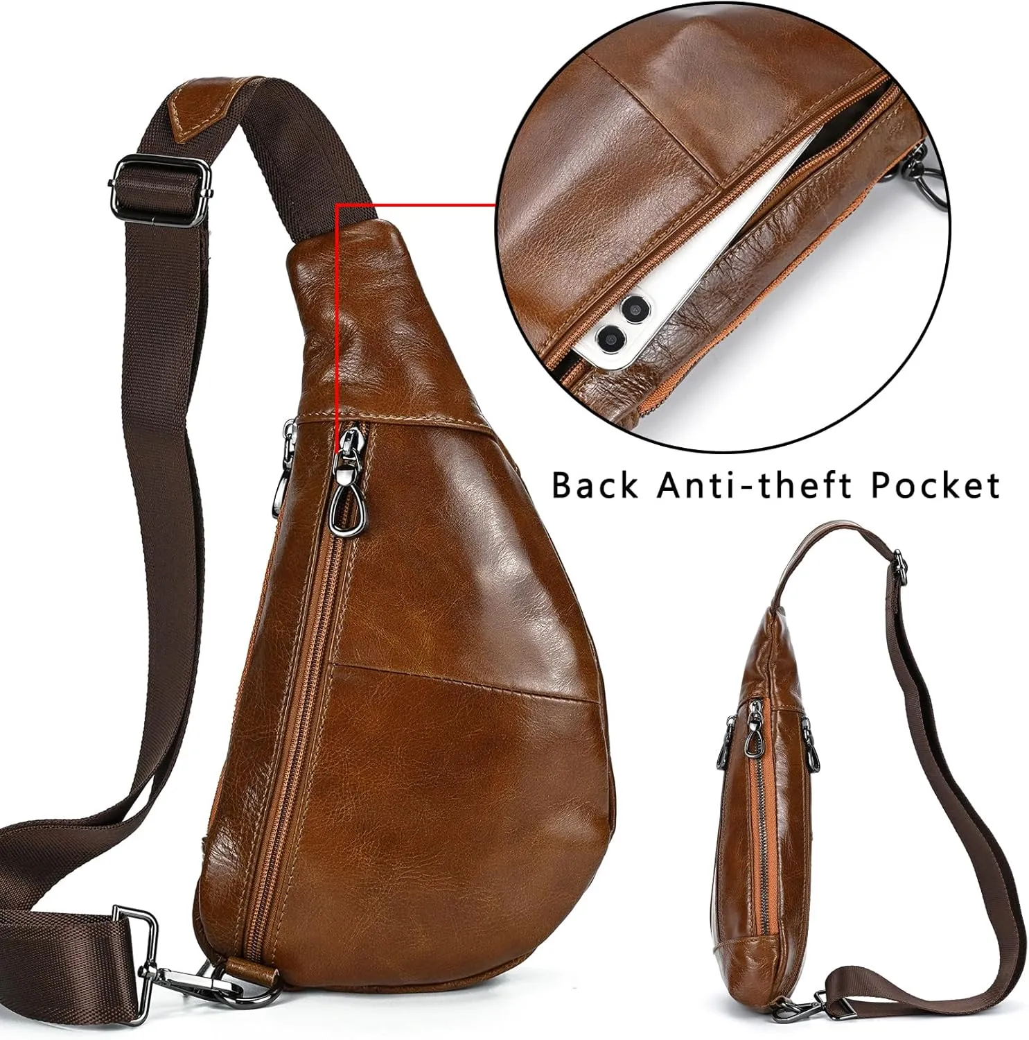 Genuine Leather sling bag for men casual crossbody backpack small shoulder bag chest bag for Travel, 9050 Light Brown
