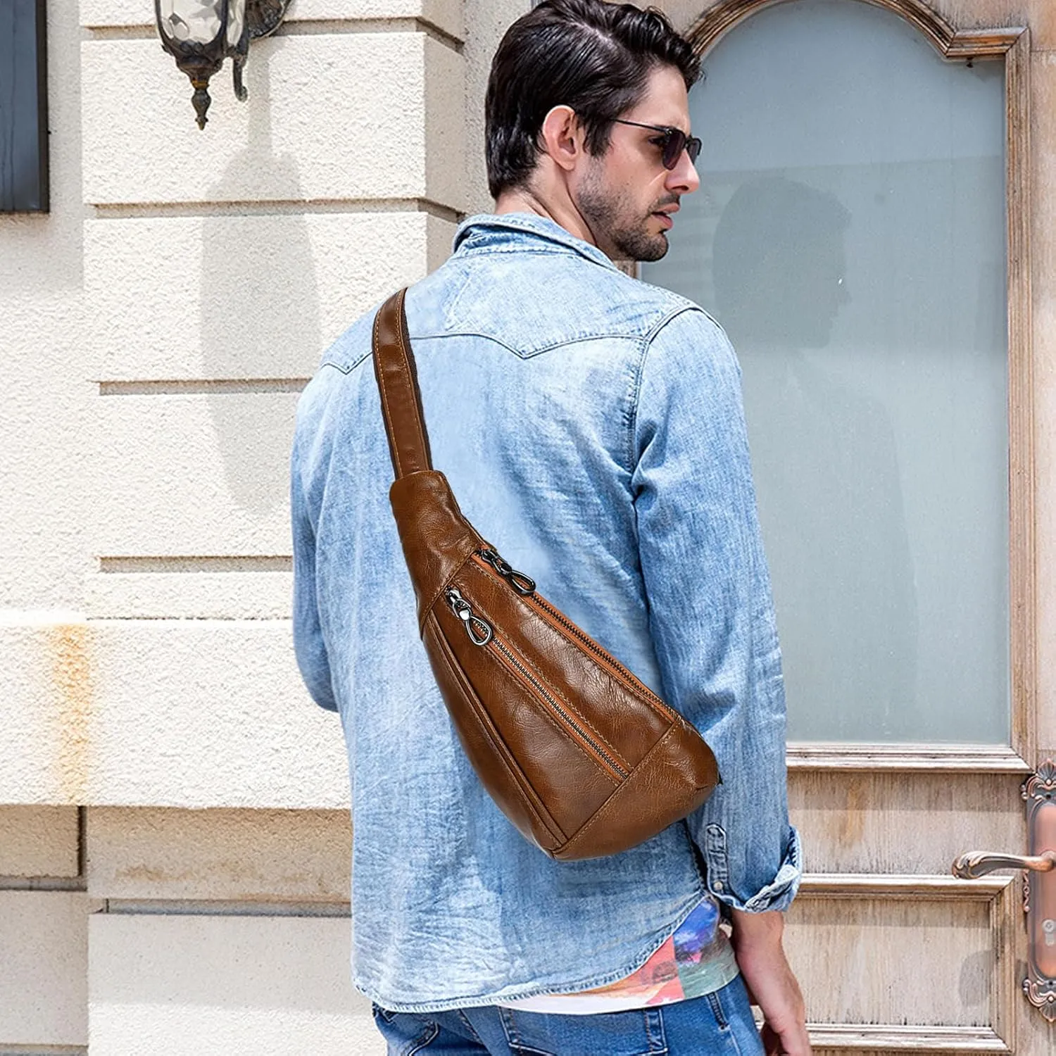 Genuine Leather sling bag for men casual crossbody backpack small shoulder bag chest bag for Travel, 9050 Light Brown