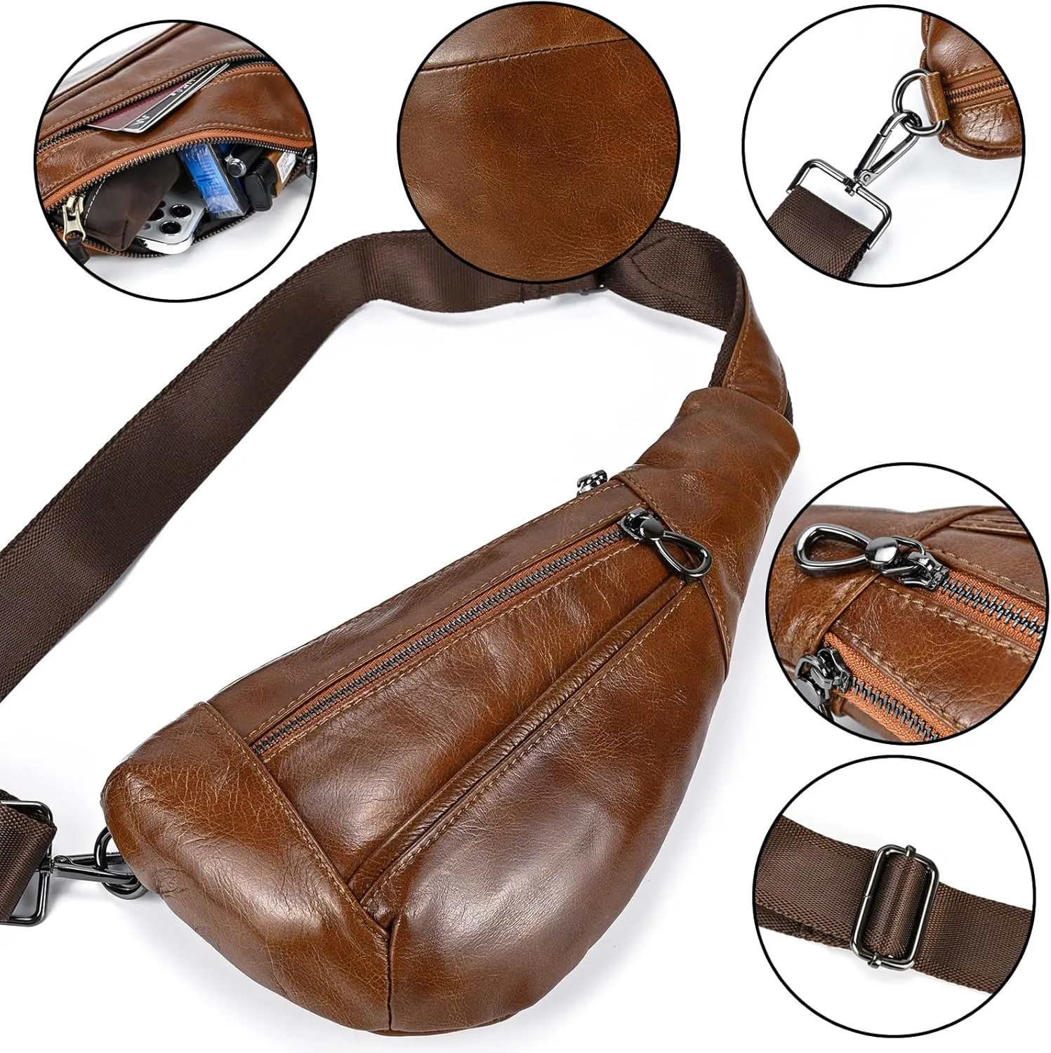 Genuine Leather sling bag for men casual crossbody backpack small shoulder bag chest bag for Travel, 9050 Light Brown