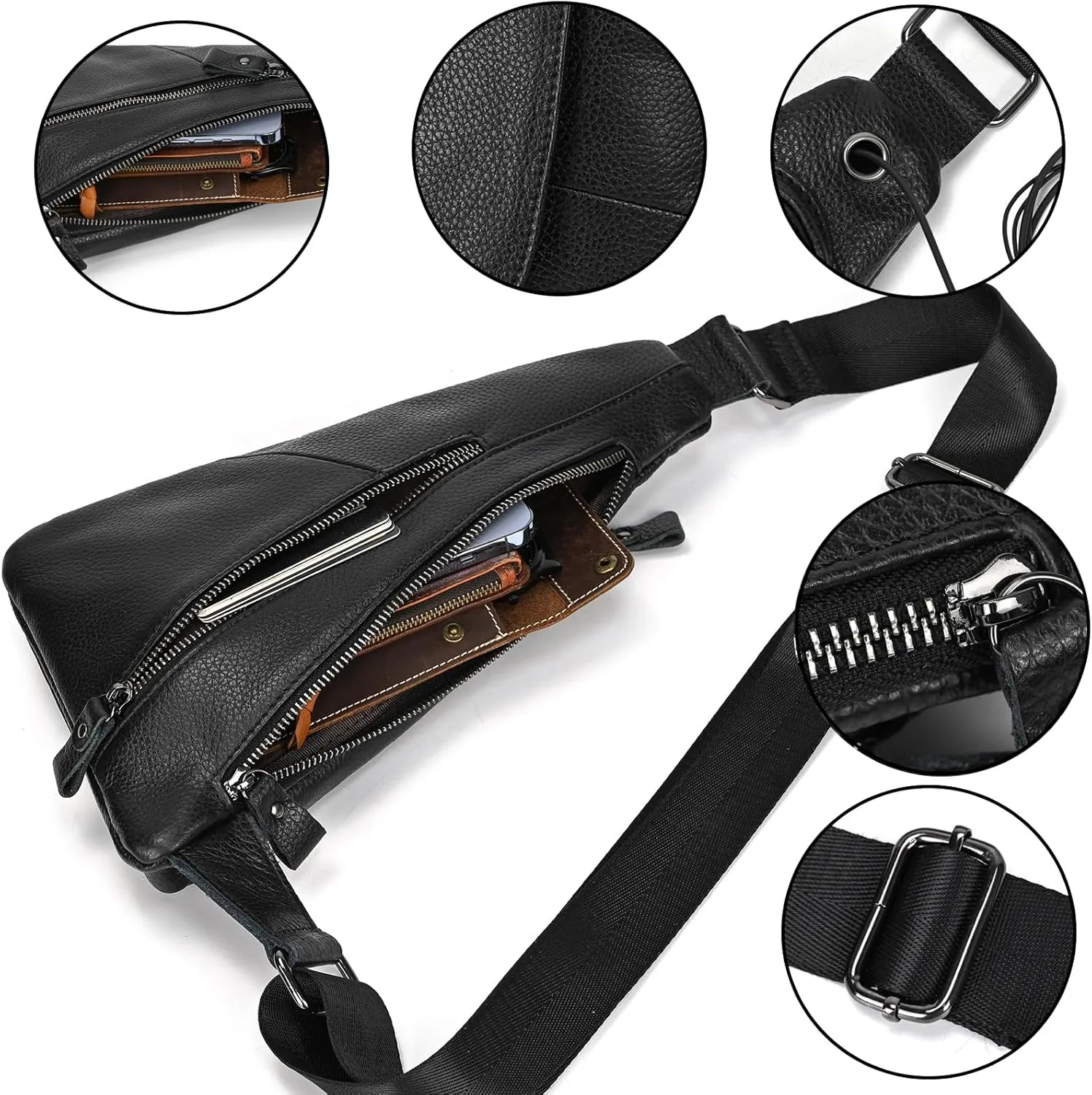 Genuine Leather Sling Bag for Men Casual Crossbody Backpack Small Shoulder Bag Chest Bag for Travel, 9052 Black