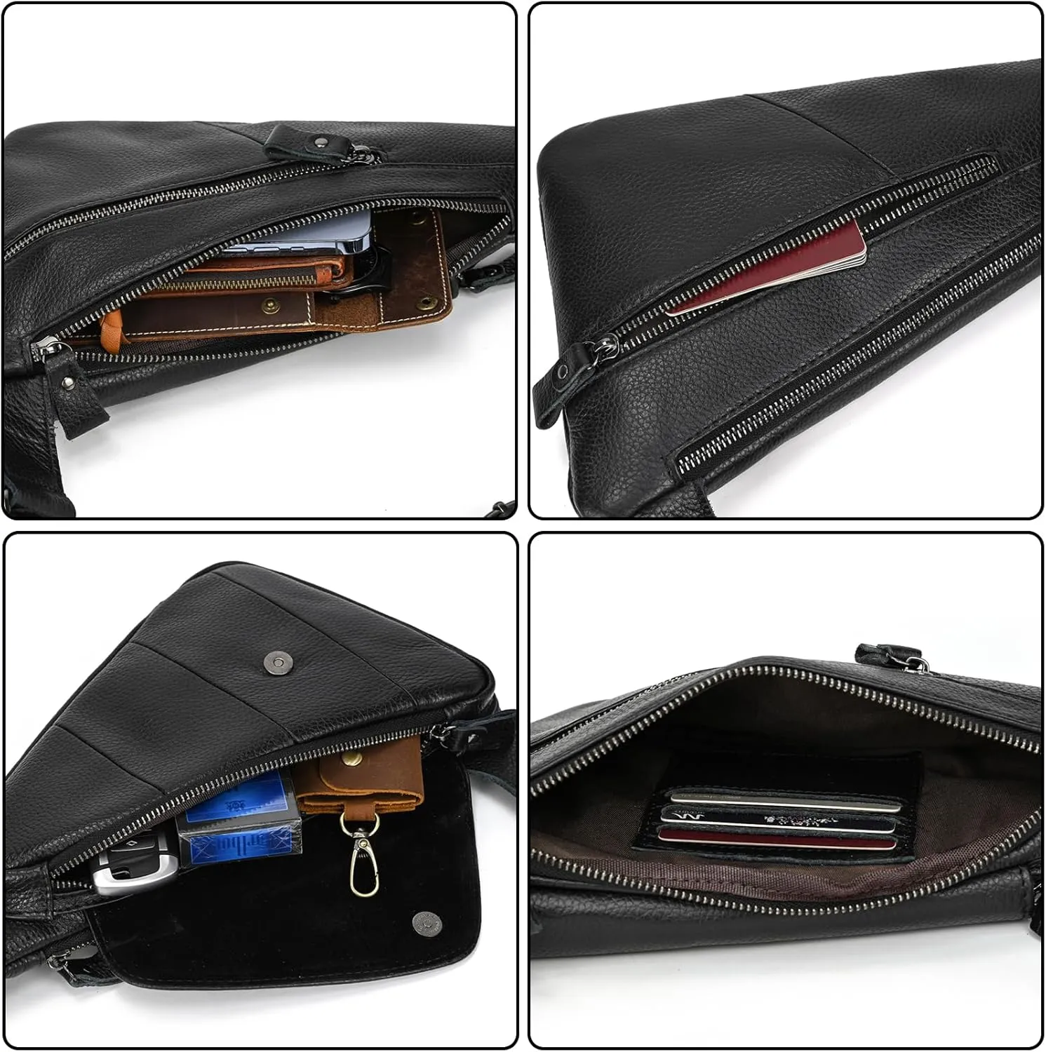Genuine Leather Sling Bag for Men Casual Crossbody Backpack Small Shoulder Bag Chest Bag for Travel, 9052 Black
