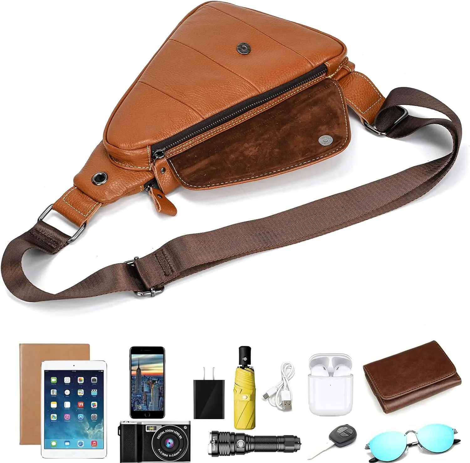 Genuine Leather sling bag for men casual crossbody backpack small shoulder bag chest bag for Travel, 9052 Light Brown