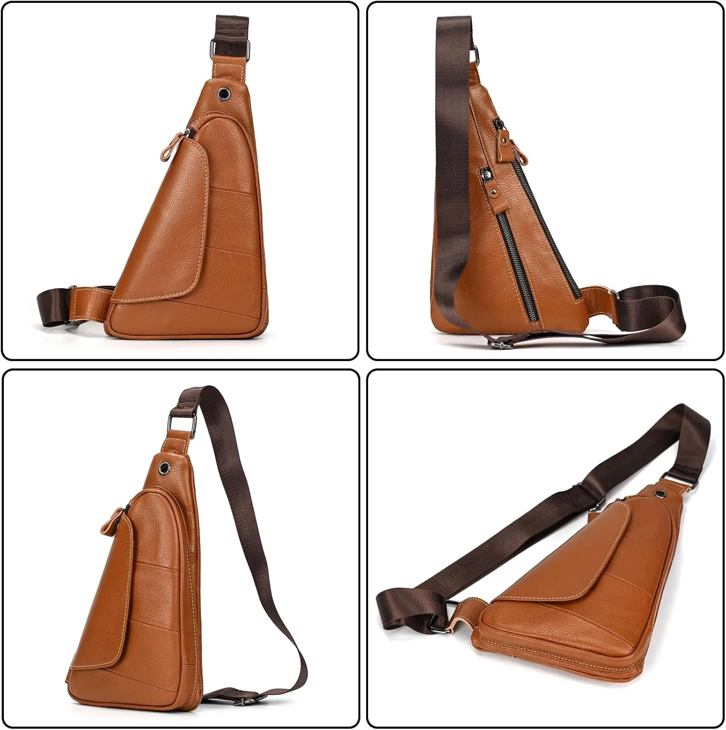 Genuine Leather sling bag for men casual crossbody backpack small shoulder bag chest bag for Travel, 9052 Light Brown
