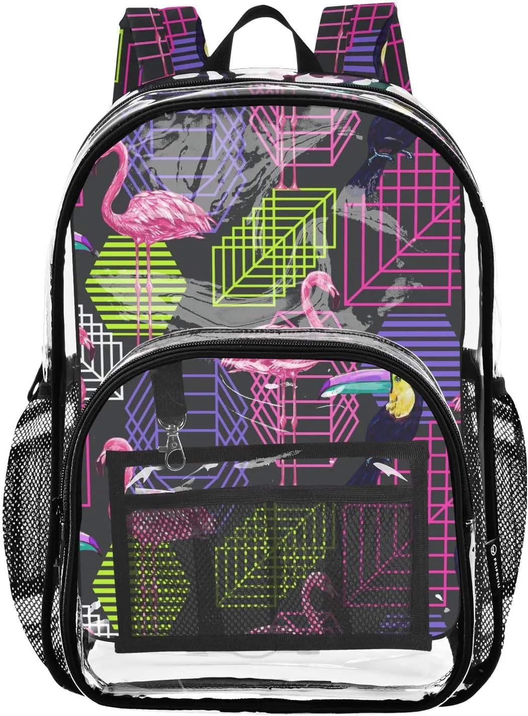 Geometry Flamingo Clear Backpack Transparent Bookbag for Girls Boys Kids Bag PVC Waterproof Bag See Through Backpack for School Stadium Travel College