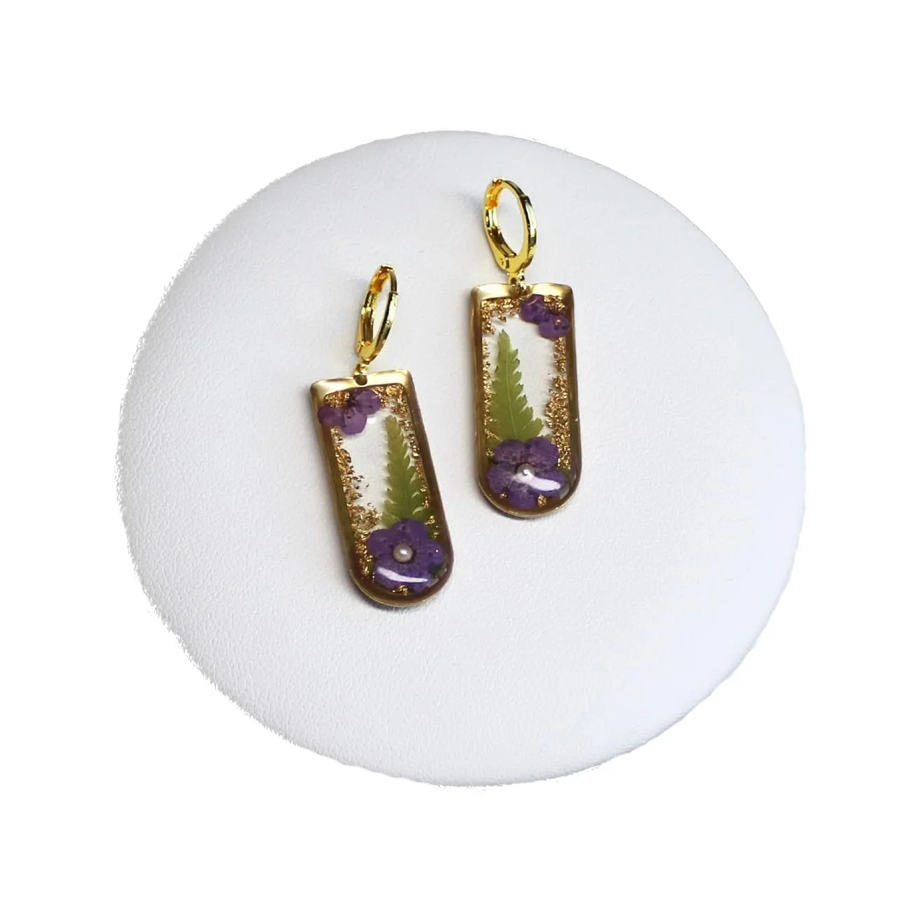 Gold Rectangular Floral Earrings, Real Dried Pressed Plum Blossom Flower and Fern leaf Resin Dangle Earrings for women Handmade by Alliumbliss