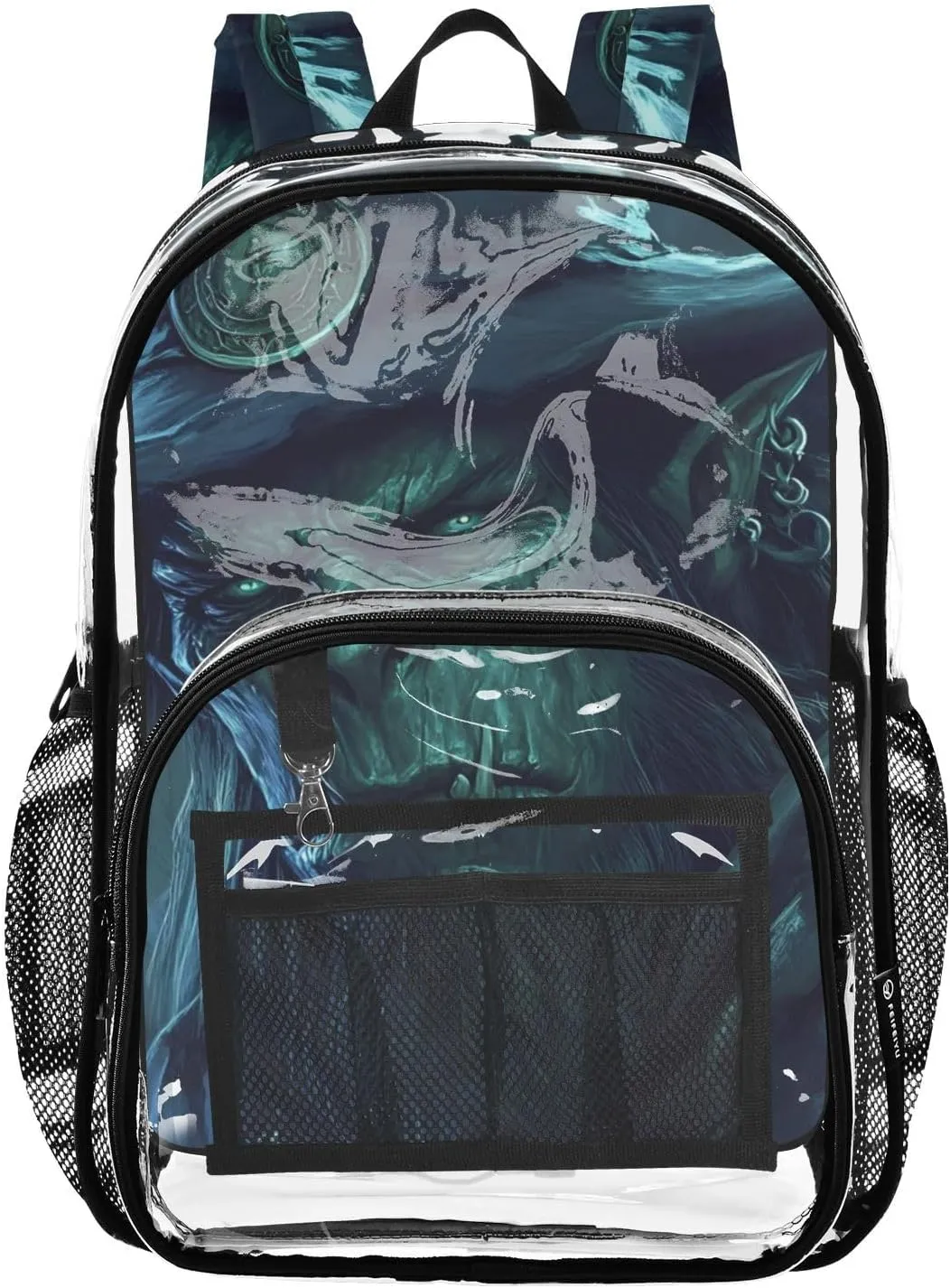 Green-skinned Wizard Clear Plastic Backpack - Transparent PVC Heavy Duty Bag with Large Main Pocket and Mesh Pockets - Ideal for School, Travel, Outings - Clear Backpack for Everyday Use