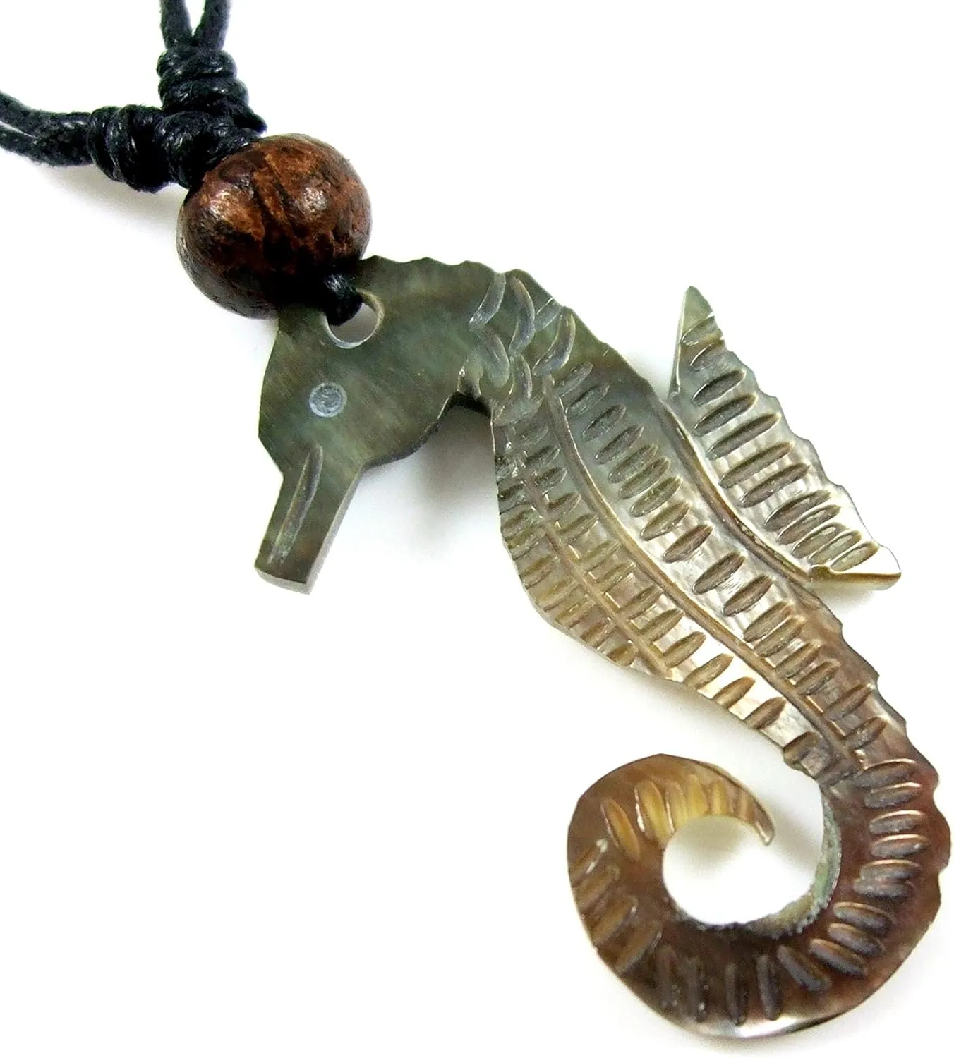 Hand Carved Seahorse Mother of Pearl Shell Pendant Beads Cord Necklace Handmade Jewelry CA201