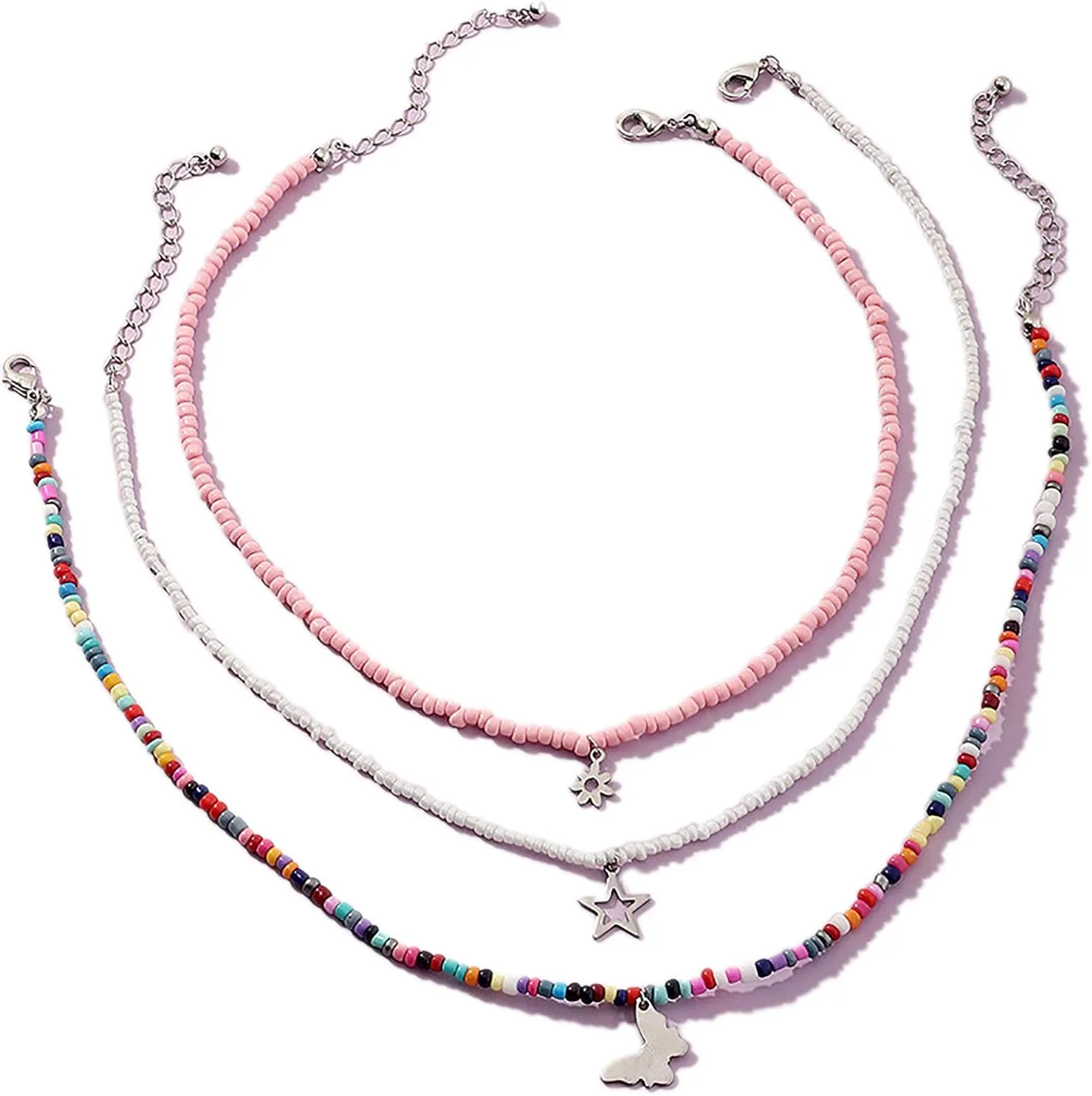 Handmade Multilayered Rainbow Colorful Beads Link Chain Moon Star Butterfly Pendant Choker Necklace Friendship Creative Beach Costume Jewelry for Women