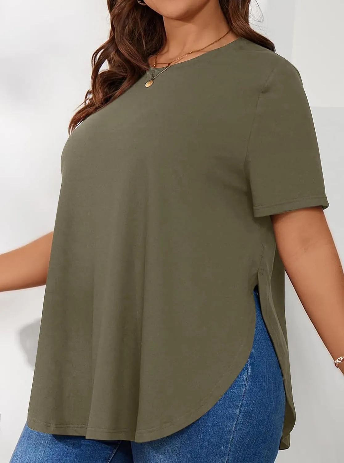 Hilinker Women's Plus Size Short Sleeve Tunic Tops Loose Fit Dressy Side Slit Tees Asymmetrical Hem T Shirts