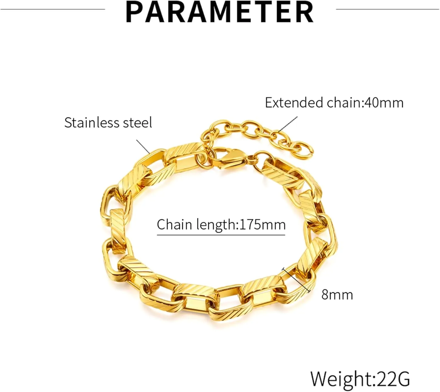 Hip Hop Stainless Steel Rectangular Chain Bracelet Chunky Link Bracelet