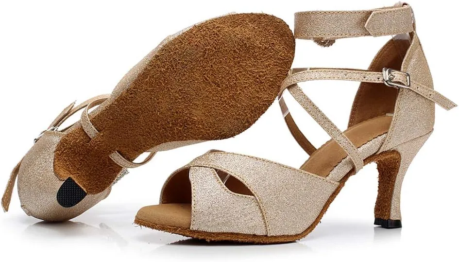 HIPPOSEUS Women Glitter Ballroom Dance Shoes Ankle Strap Latin Salsa Performance Dance Shoes,Model QJW