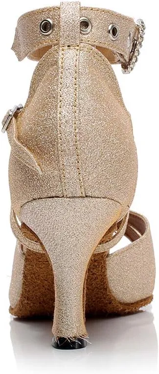HIPPOSEUS Women Glitter Ballroom Dance Shoes Ankle Strap Latin Salsa Performance Dance Shoes,Model QJW