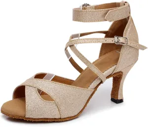 HIPPOSEUS Women Glitter Ballroom Dance Shoes Ankle Strap Latin Salsa Performance Dance Shoes,Model QJW