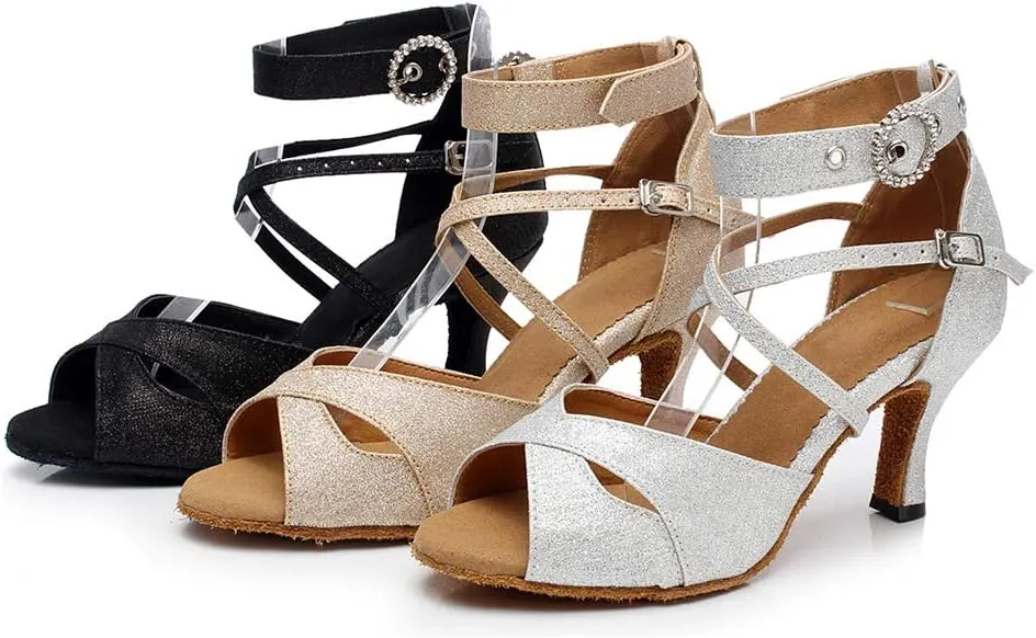 HIPPOSEUS Women Glitter Ballroom Dance Shoes Ankle Strap Latin Salsa Performance Dance Shoes,Model QJW