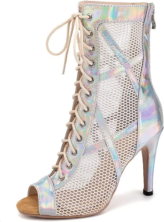 HIPPOSEUS Women's Latin Dance Shoes Peep Toe Ballroom Salsa Jazz Dance Heels Zip Ankle Dance Boots,Model K99