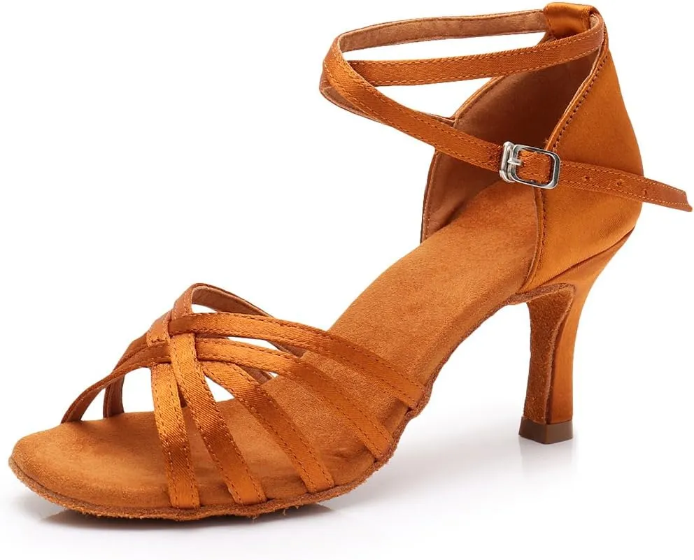 HIPPOSEUS Women's Open Toe Latin Dance Shoes Ankle Strap Ballroom Salsa Bachata Dancing Shoes Suede Outsole,Model 1213