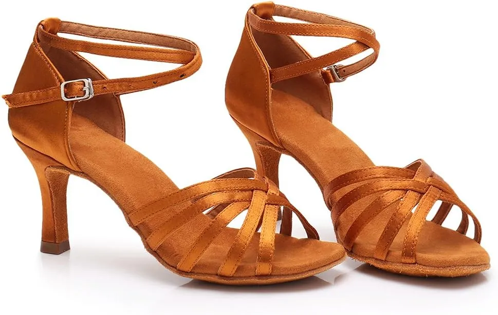 HIPPOSEUS Women's Open Toe Latin Dance Shoes Ankle Strap Ballroom Salsa Bachata Dancing Shoes Suede Outsole,Model 1213