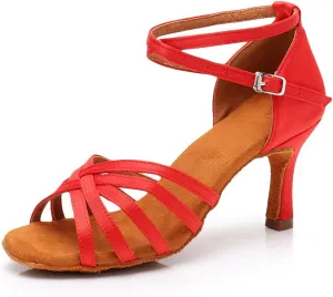 HIPPOSEUS Women's Open Toe Latin Dance Shoes Ankle Strap Ballroom Salsa Bachata Dancing Shoes Suede Outsole,Model 1213