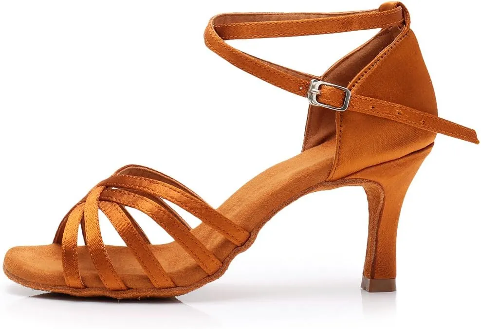 HIPPOSEUS Women's Open Toe Latin Dance Shoes Ankle Strap Ballroom Salsa Bachata Dancing Shoes Suede Outsole,Model 1213