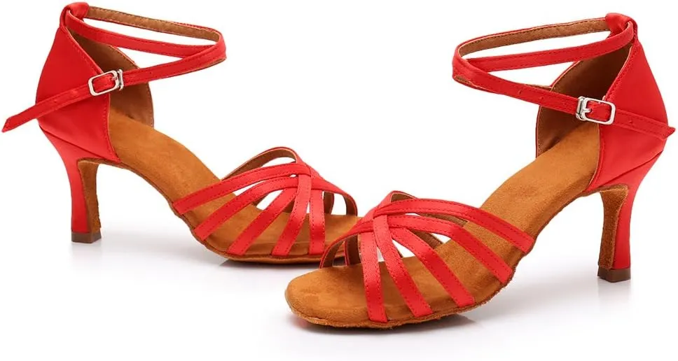 HIPPOSEUS Women's Open Toe Latin Dance Shoes Ankle Strap Ballroom Salsa Bachata Dancing Shoes Suede Outsole,Model 1213