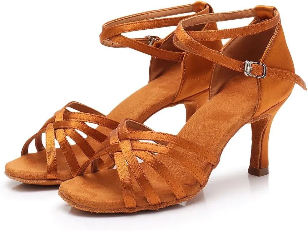 HIPPOSEUS Women's Open Toe Latin Dance Shoes Ankle Strap Ballroom Salsa Bachata Dancing Shoes Suede Outsole,Model 1213