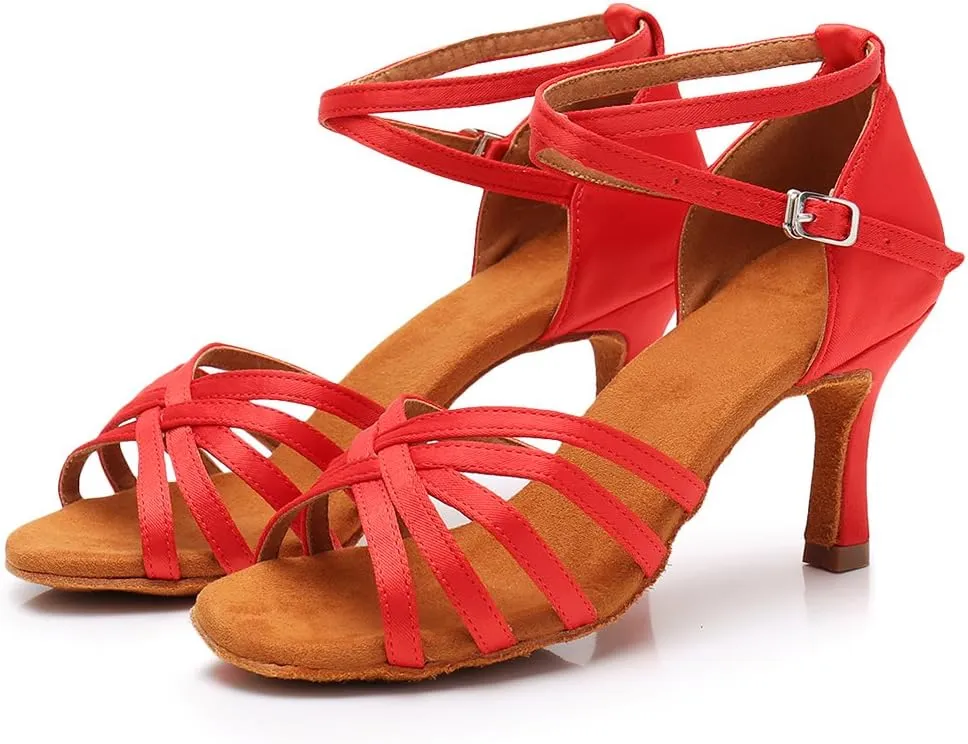 HIPPOSEUS Women's Open Toe Latin Dance Shoes Ankle Strap Ballroom Salsa Bachata Dancing Shoes Suede Outsole,Model 1213