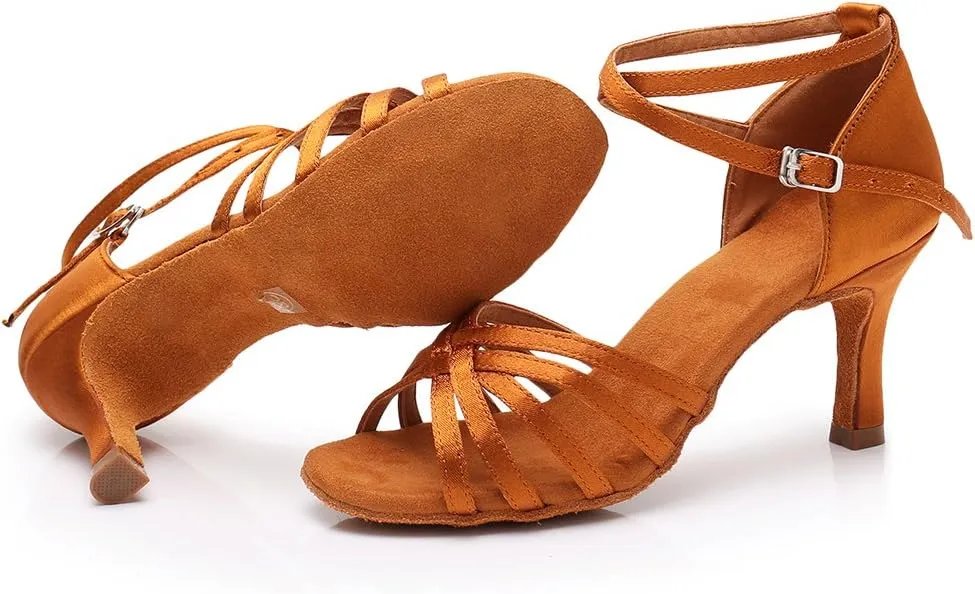 HIPPOSEUS Women's Open Toe Latin Dance Shoes Ankle Strap Ballroom Salsa Bachata Dancing Shoes Suede Outsole,Model 1213