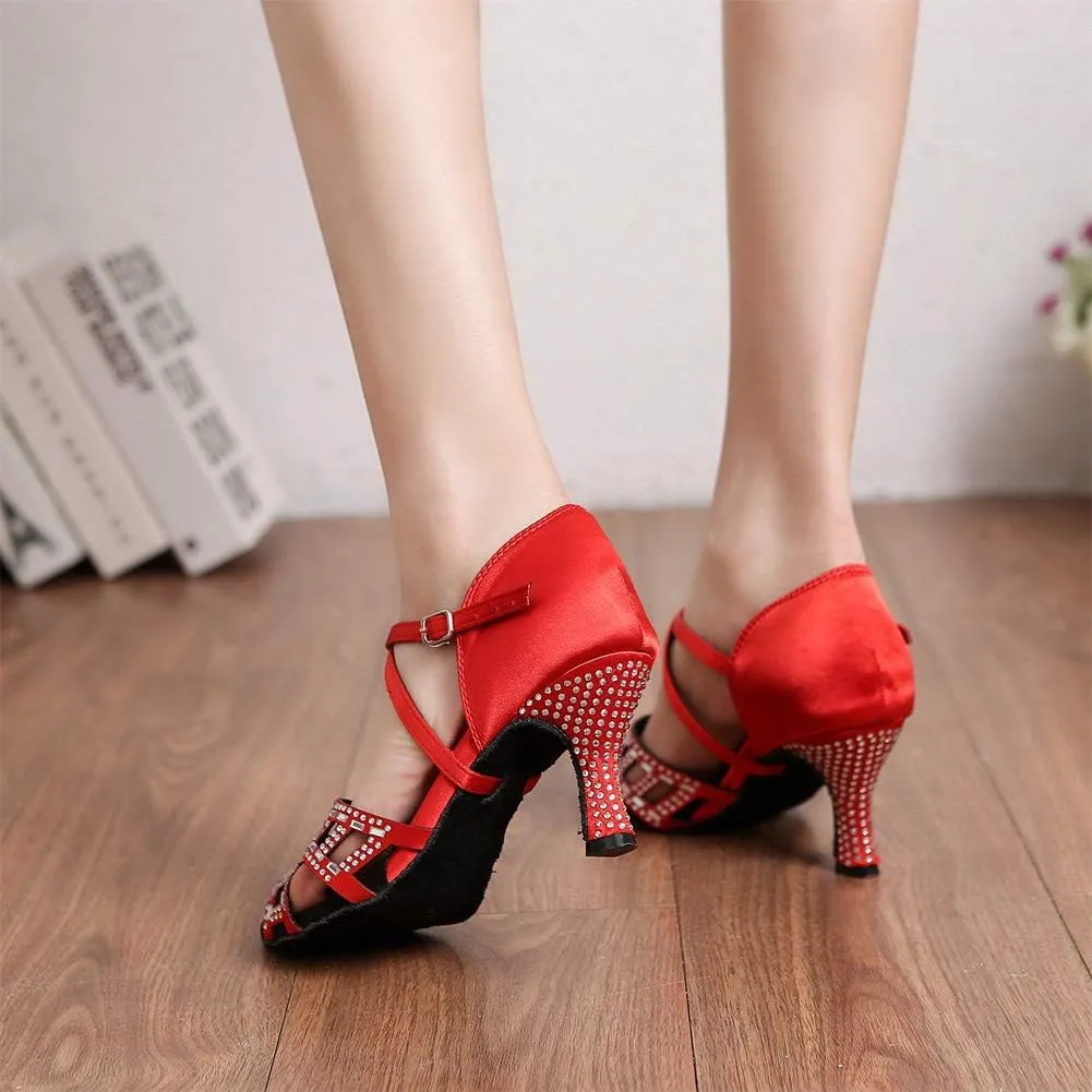 HIPPOSEUS Womens Rhinestone Latin Dance Shoes Opne Toe Salsa Bachata Tango Ballroom Dance Practice Shoes,Model L347