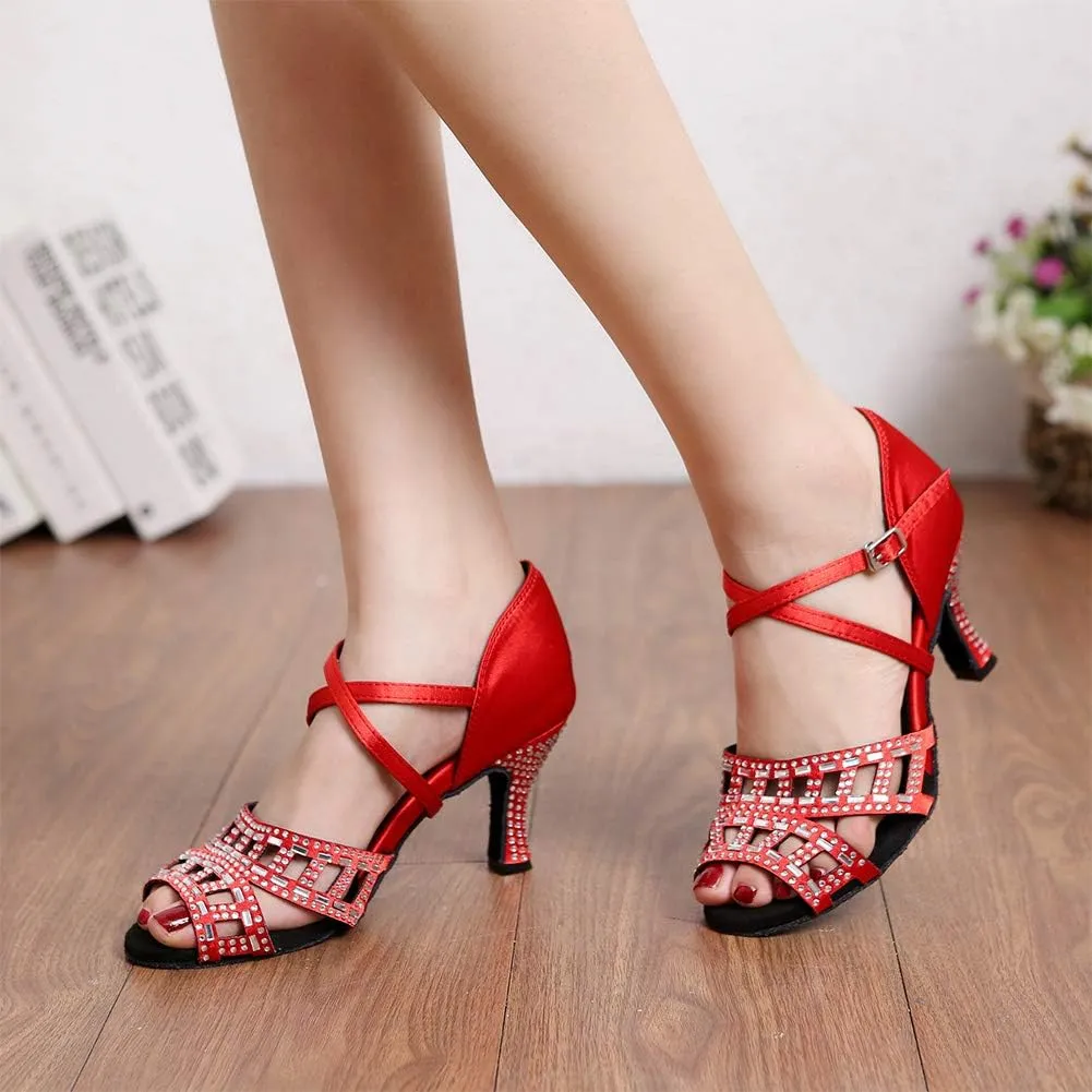 HIPPOSEUS Womens Rhinestone Latin Dance Shoes Opne Toe Salsa Bachata Tango Ballroom Dance Practice Shoes,Model L347