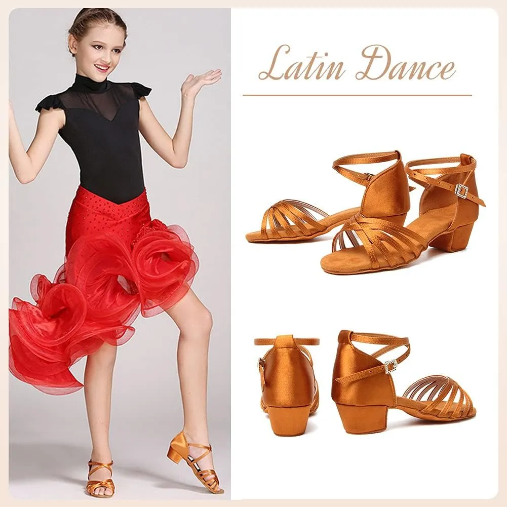 HROYL Girl's Latin Dance Shoes Low Heel Salsa Pratice Proformence Ballroom Dancing Shoes,Model EM-202-GB
