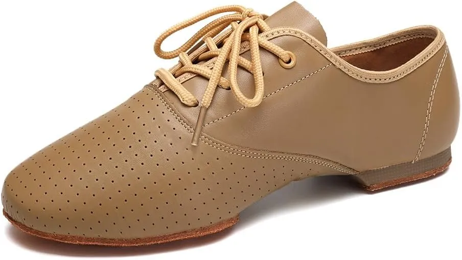 HROYL Leather Jazz Chunky Heel Dance Shoes Practice Ballroom Women Lace Up Social Dancing Shoes