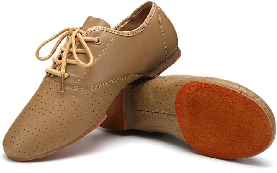 HROYL Leather Jazz Chunky Heel Dance Shoes Practice Ballroom Women Lace Up Social Dancing Shoes