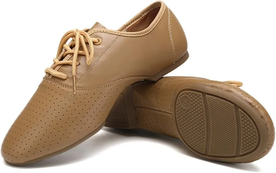 HROYL Leather Jazz Chunky Heel Dance Shoes Practice Ballroom Women Lace Up Social Dancing Shoes