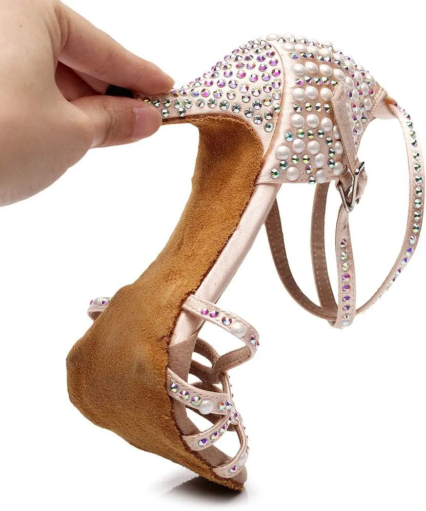 HROYL Rhinestone Dance Shoes Latin Dance Shoes Women Ballroom Tango High Heel Women Dance Shoes,Model QJW7176/7181