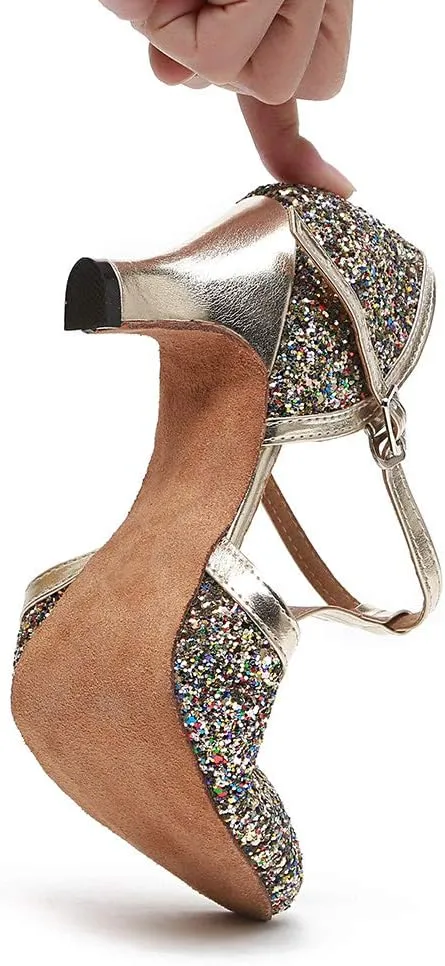 HROYL Women Closed Toe Ballroom Dance Shoes T Strap Sequin Latin Salsa Tango Wedding Dance Shoes,Model YCL268