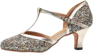 HROYL Women Closed Toe Ballroom Dance Shoes T Strap Sequin Latin Salsa Tango Wedding Dance Shoes,Model YCL268