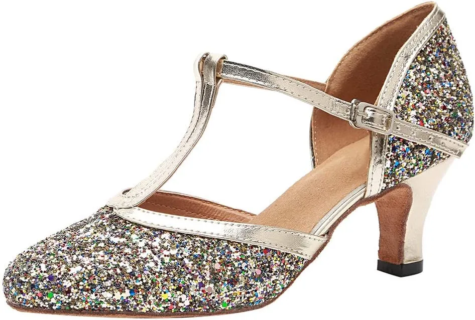 HROYL Women Closed Toe Ballroom Dance Shoes T Strap Sequin Latin Salsa Tango Wedding Dance Shoes,Model YCL268