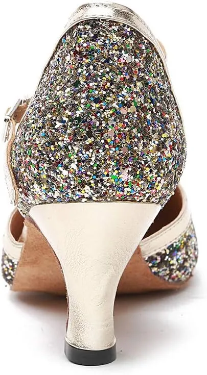 HROYL Women Closed Toe Ballroom Dance Shoes T Strap Sequin Latin Salsa Tango Wedding Dance Shoes,Model YCL268