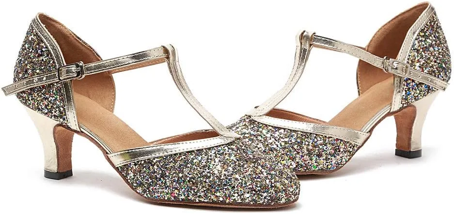 HROYL Women Closed Toe Ballroom Dance Shoes T Strap Sequin Latin Salsa Tango Wedding Dance Shoes,Model YCL268