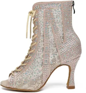 HROYL Women's Ballroom Latin Salsa Dance Shoes Rhinestones Lace-up Open-Toe Heeled Ankel Dance Boots with Mesh Lace,Model YCL485