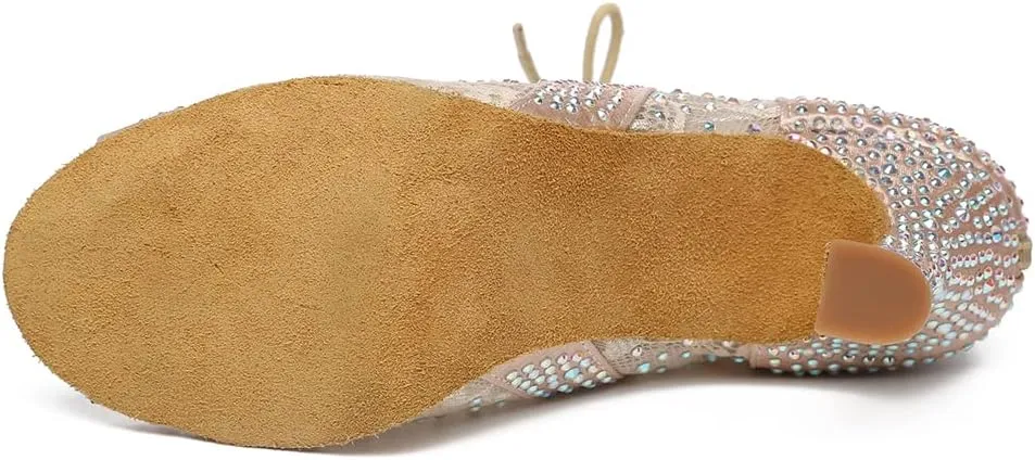 HROYL Women's Ballroom Latin Salsa Dance Shoes Rhinestones Lace-up Open-Toe Heeled Ankel Dance Boots with Mesh Lace,Model YCL485