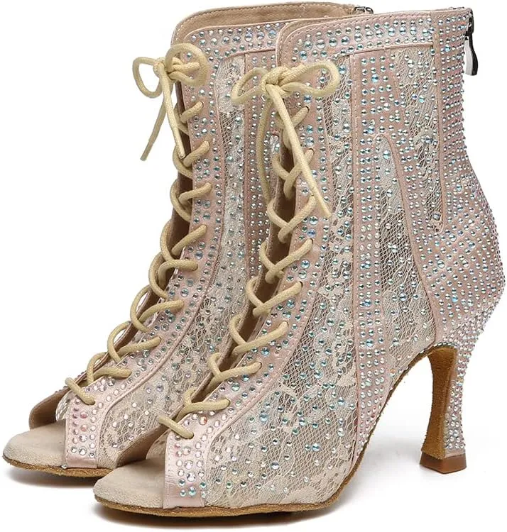 HROYL Women's Ballroom Latin Salsa Dance Shoes Rhinestones Lace-up Open-Toe Heeled Ankel Dance Boots with Mesh Lace,Model YCL485