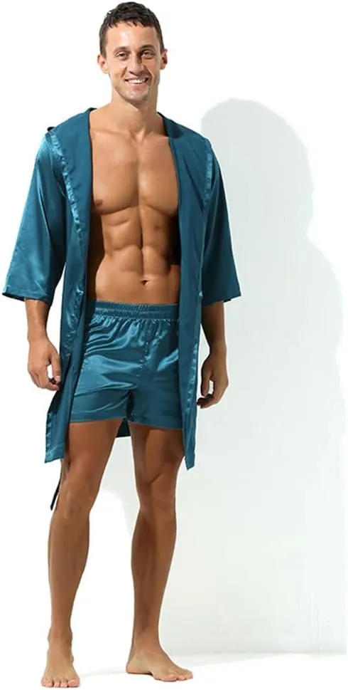 IBAKOM Men Pajama Satin Robe Hooded Bathrobe Sleepwear Long Sleeve Hoodie Sleep Robes Nightgown Nightwear