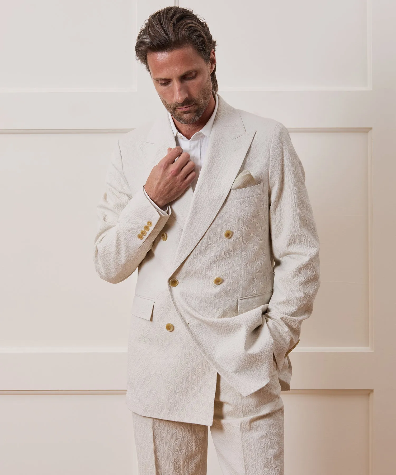 Italian Seersucker Double-Breasted Suit Jacket