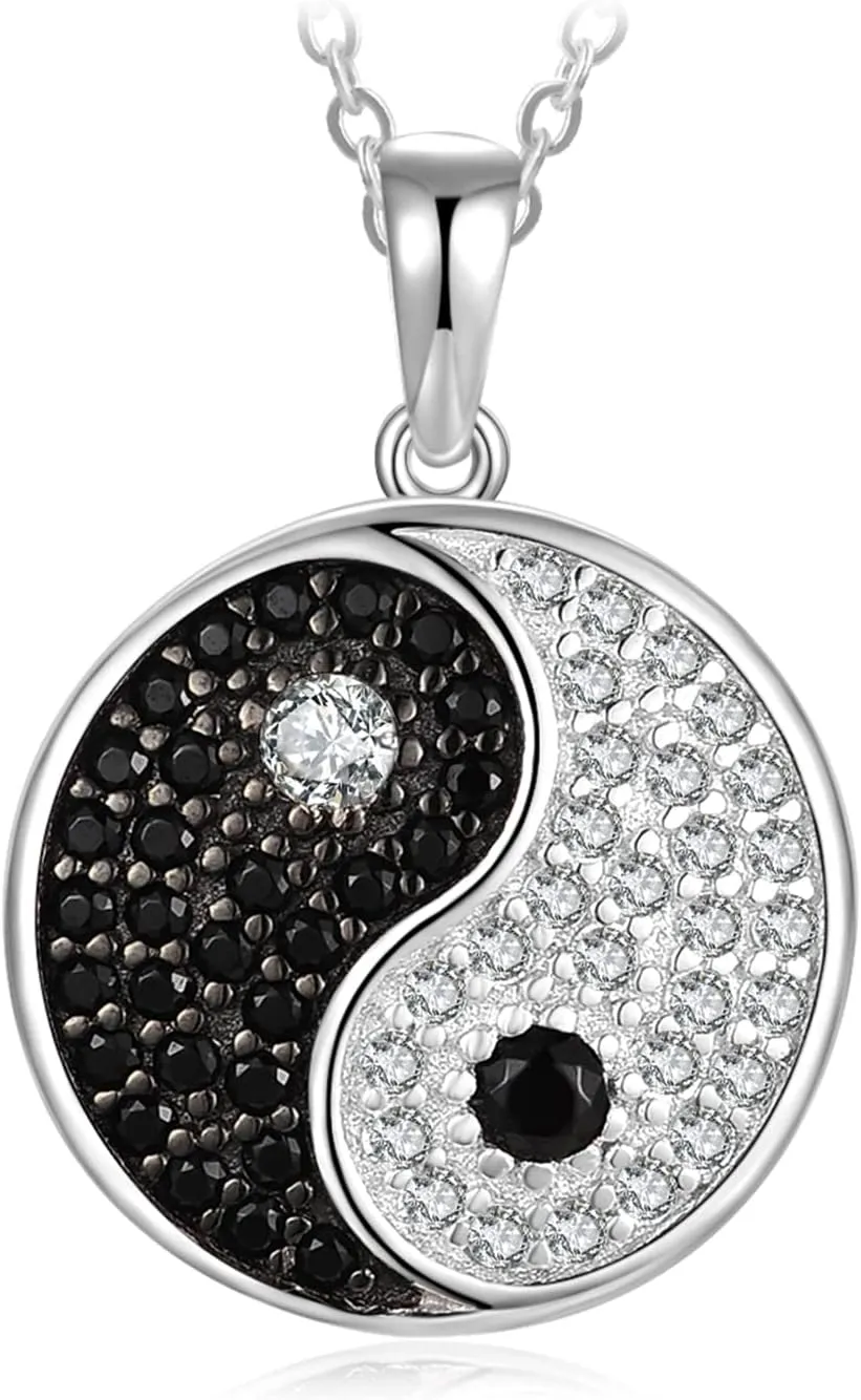 JewelryPalace Ying Yang Taichi Round Genuine Black Spinel Cubic Zirconia Pendant Necklace for Women, 14K White Gold Plated 925 Sterling Silver Necklace, Natural Gemstone Jewelry Sets 18 Inches Chain