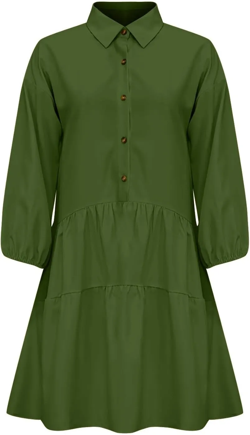 JOAU Women's Cute Summer Babydoll Shirt Mini Dress Puff Sleeve Flowy Tiered Ruffle Swing A-Line Collared Button Shirt Dress