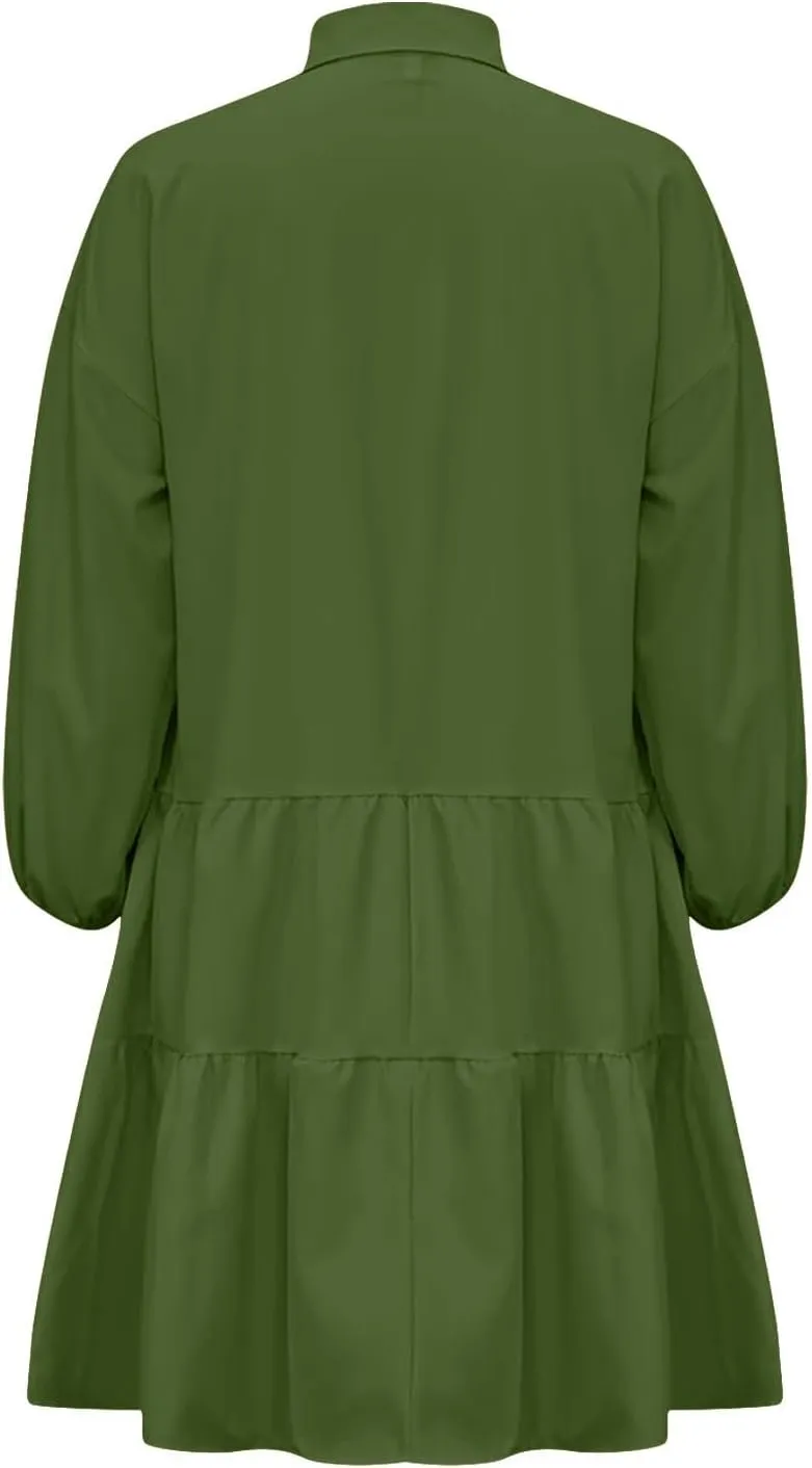 JOAU Women's Cute Summer Babydoll Shirt Mini Dress Puff Sleeve Flowy Tiered Ruffle Swing A-Line Collared Button Shirt Dress