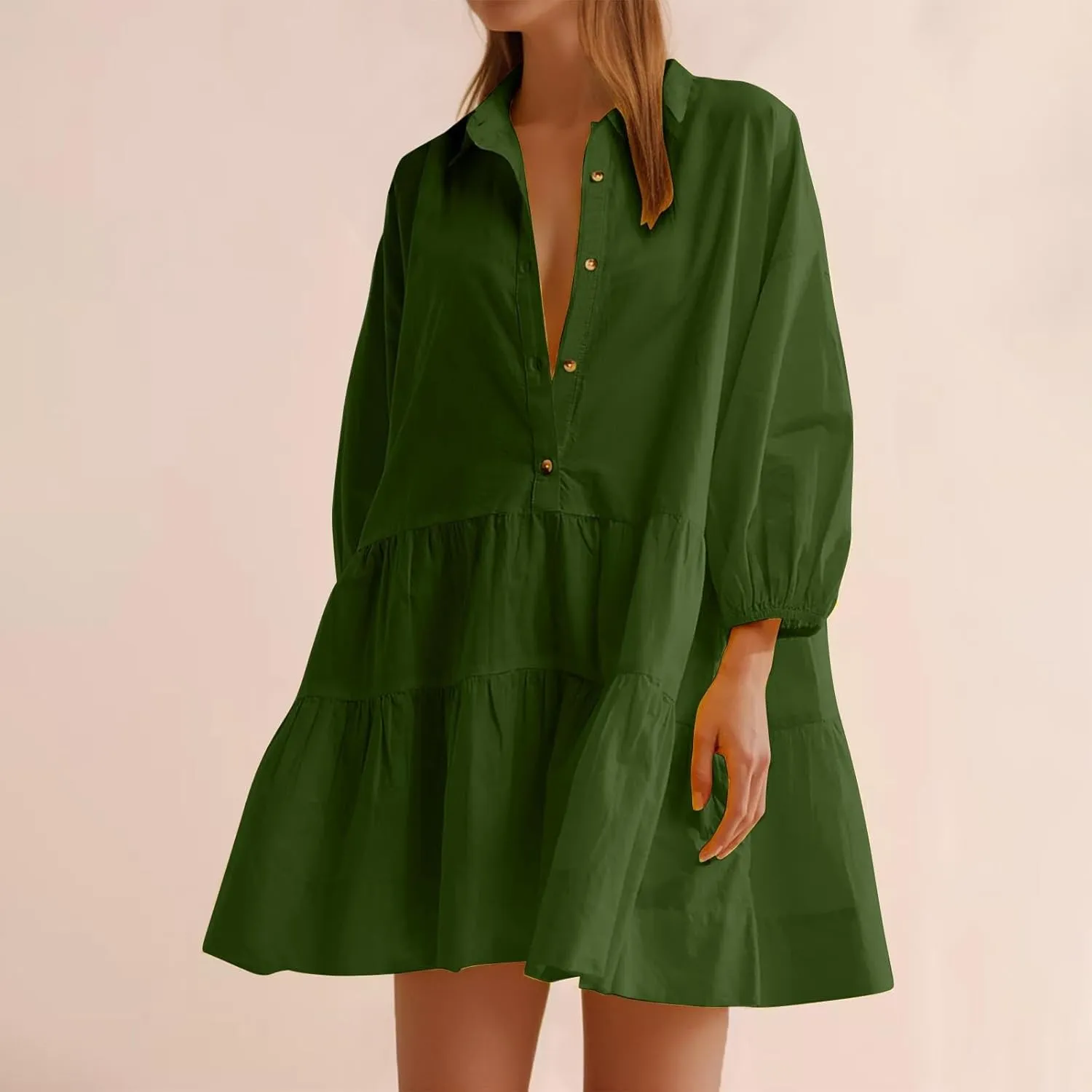 JOAU Women's Cute Summer Babydoll Shirt Mini Dress Puff Sleeve Flowy Tiered Ruffle Swing A-Line Collared Button Shirt Dress