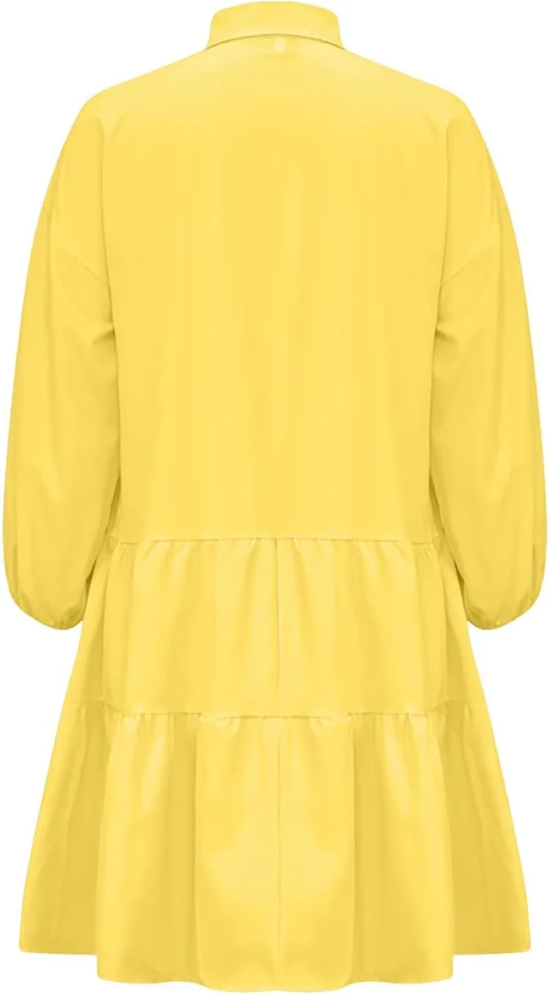 JOAU Women's Cute Summer Babydoll Shirt Mini Dress Puff Sleeve Flowy Tiered Ruffle Swing A-Line Collared Button Shirt Dress
