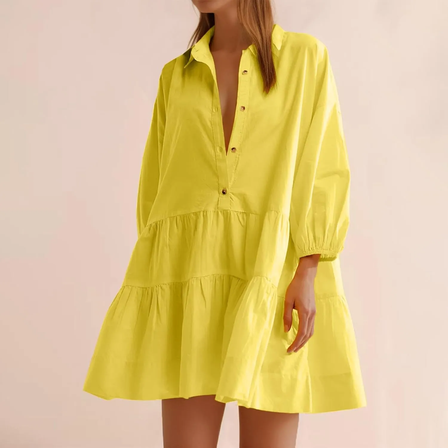 JOAU Women's Cute Summer Babydoll Shirt Mini Dress Puff Sleeve Flowy Tiered Ruffle Swing A-Line Collared Button Shirt Dress